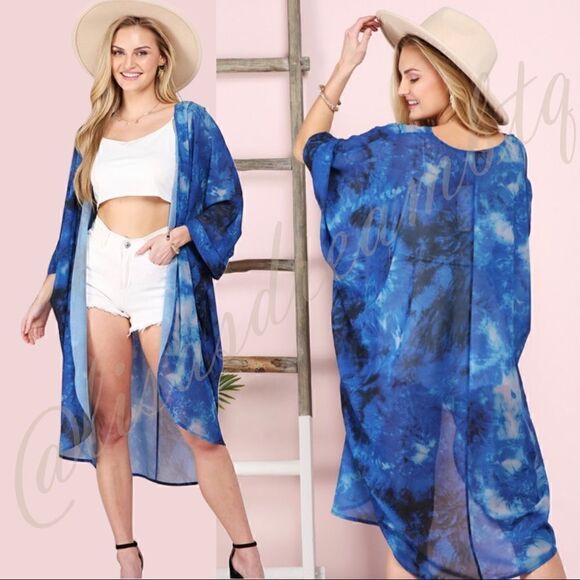 New! Multi-Blue Tie Dye Long Chiffon Kimono Beach Cover - Picture 1 of 8